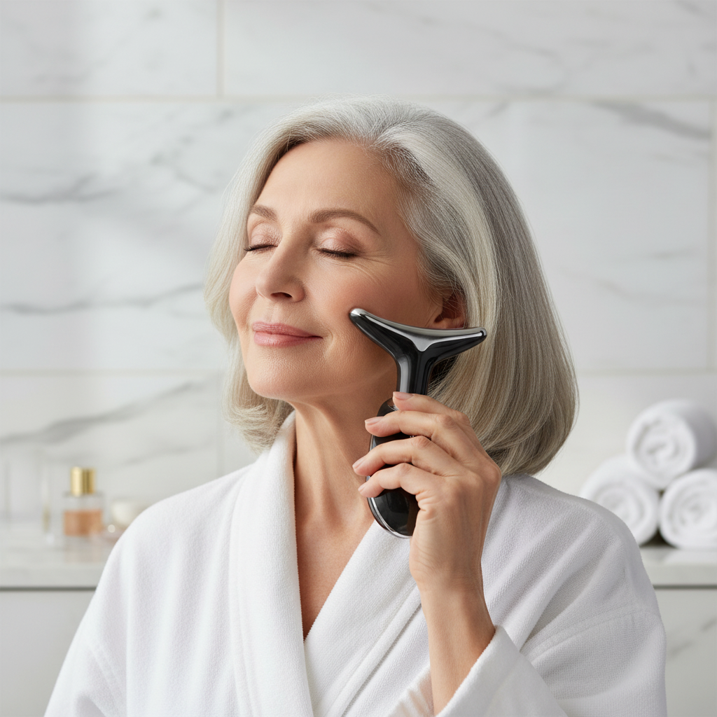 Older lady using face and neck massager